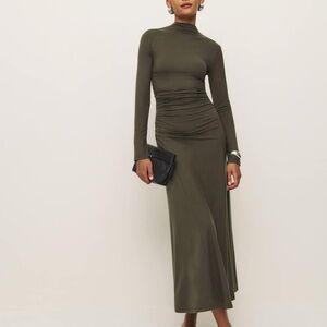 Reformation Olive Green Nemy Knit Jersey Ruched Maxi Dress - XL